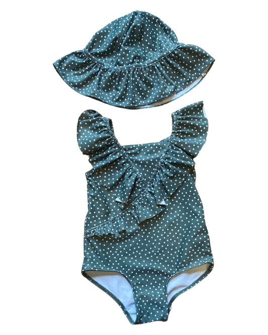 H&M green dotty swimsuit with matching hat (size 1.5-2yrs)
