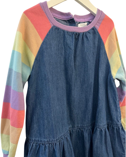 Next denim/jersey mix rainbow dress (5-6yrs)