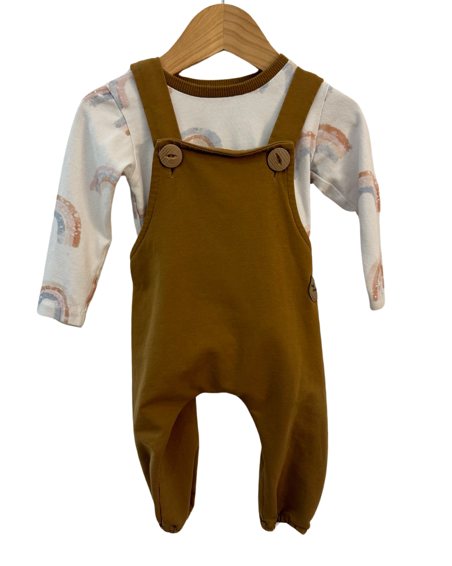 Dress up baby mustard dungarees & rainbow bodysuit (6-9mths)