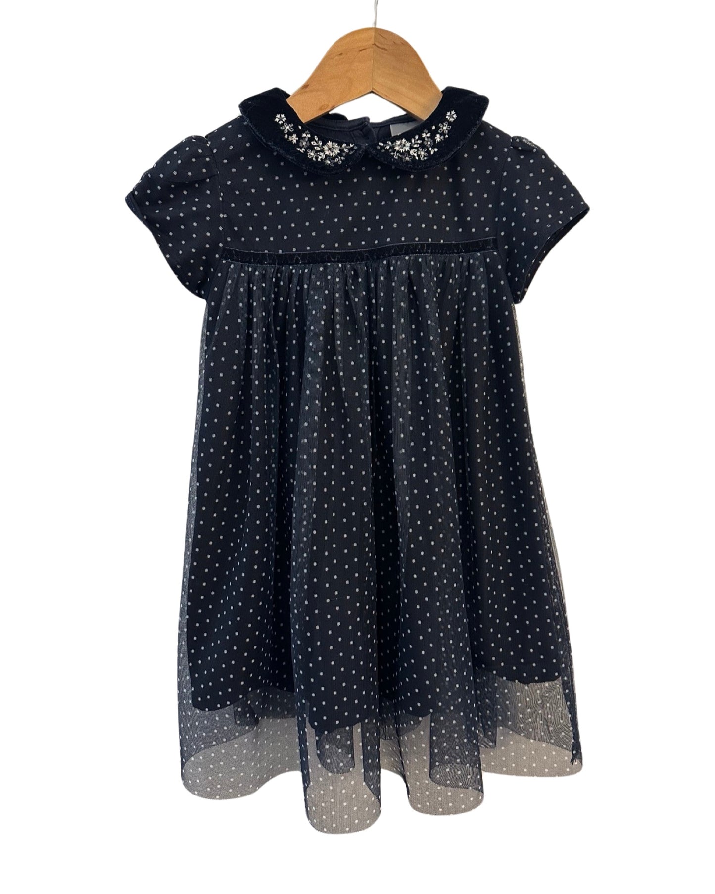 Next navy dotty tulle & velvet trimmed dress (2-3yrs)