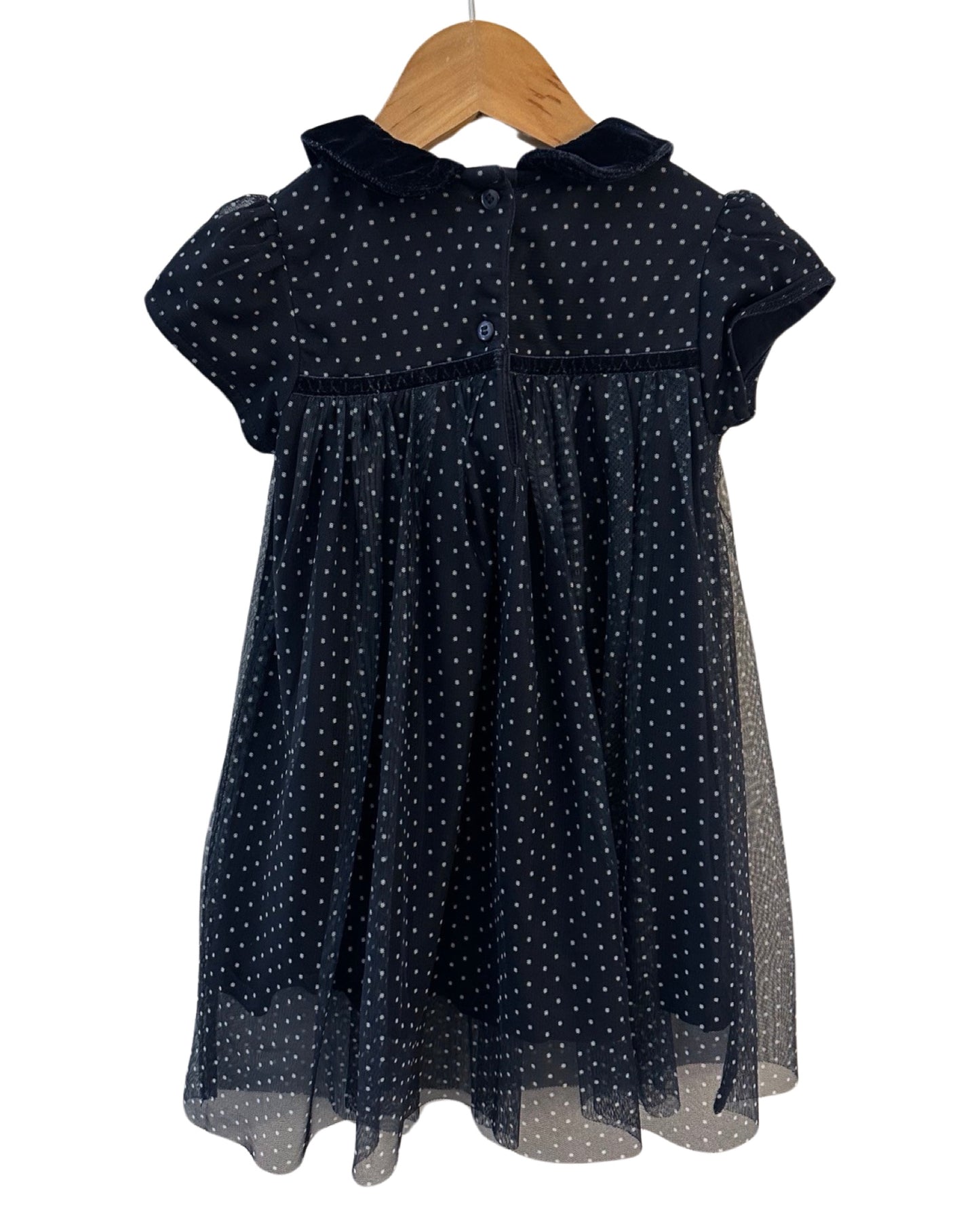 Next navy dotty tulle & velvet trimmed dress (2-3yrs)