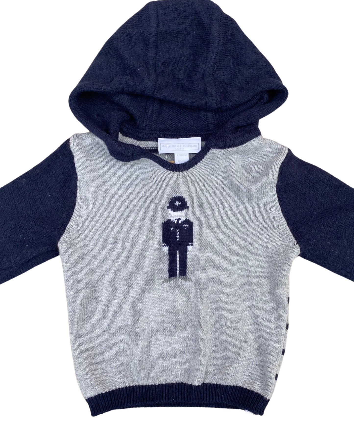 The Little White Company grey/navy hooded knitted jumper (6-9mths)