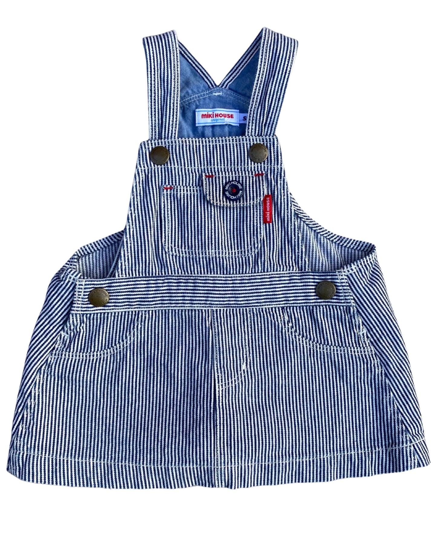 Mikihouse blue/white pinstripe dungaree dress (9-12mths)