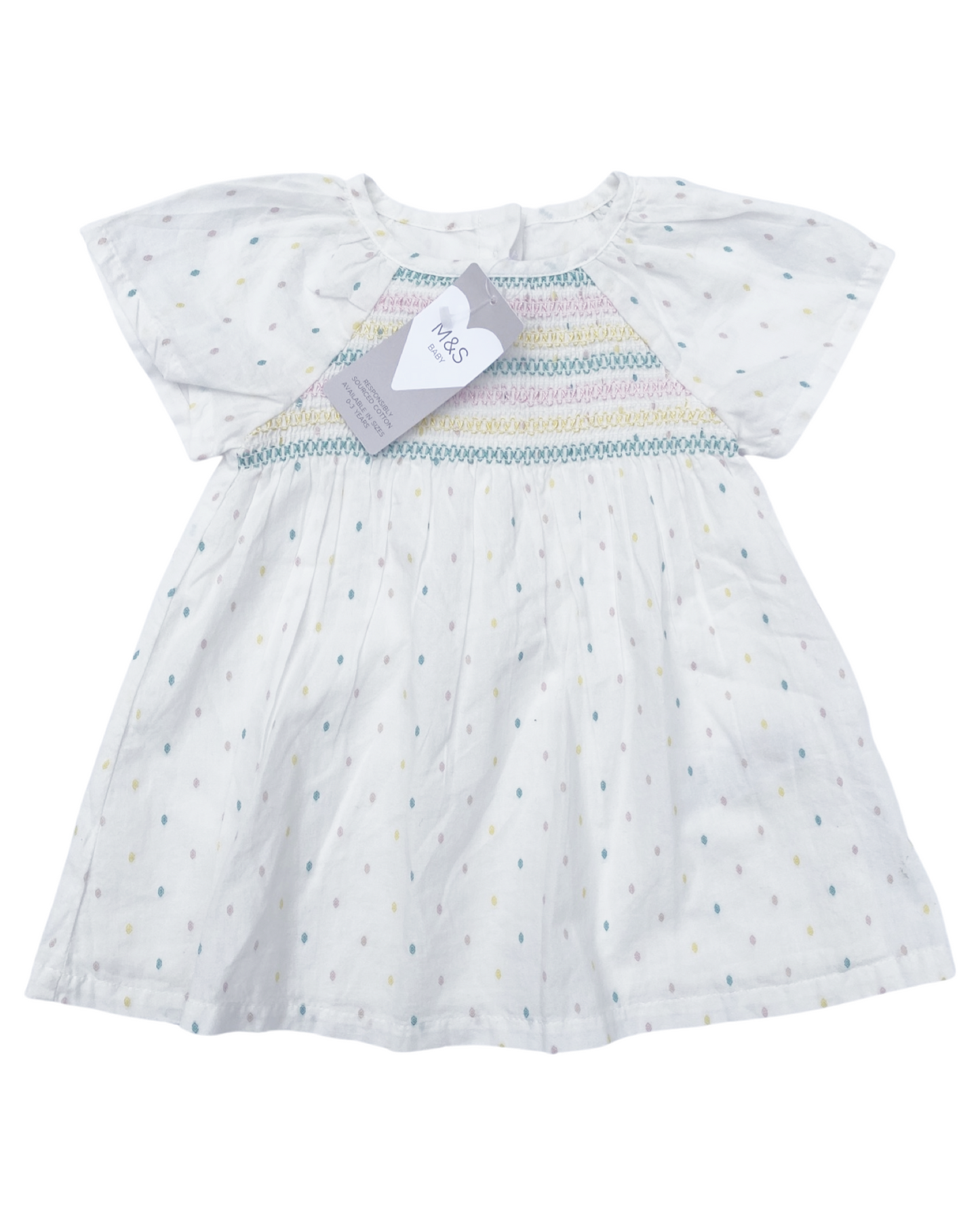 M&S white cotton dotty dress with shirred front (size 3-6mths)