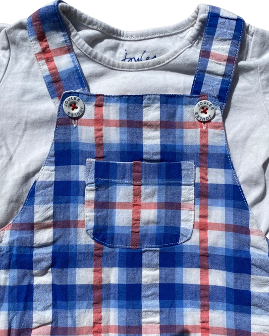 Joules cotton checked short dungarees with bodysuit (9-12mths)